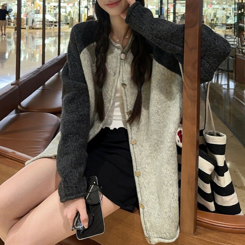 Veste en maille pour femme avec fermeture boutonnée et manches contrastées