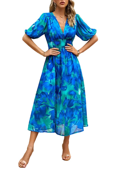 Robe Midi Femme Imprimée avec Manches Bouffantes