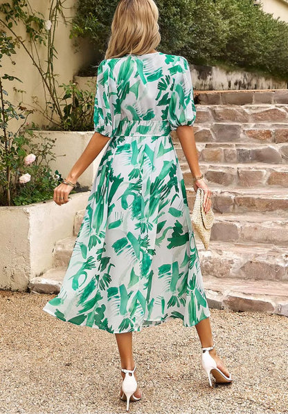 Robe Midi Femme Imprimée avec Manches Bouffantes