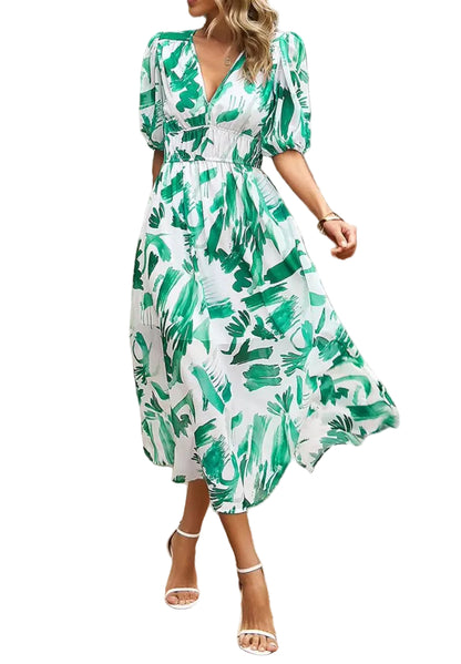 Robe Midi Femme Imprimée avec Manches Bouffantes