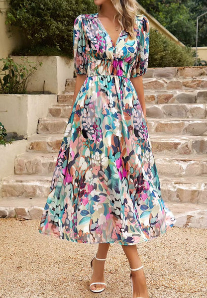Robe Midi Femme Imprimée avec Manches Bouffantes