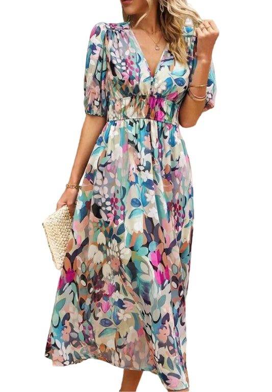 Robe Midi Femme Imprimée avec Manches Bouffantes