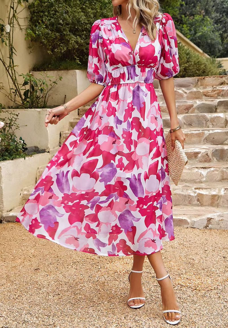 Robe Midi Femme Imprimée avec Manches Bouffantes