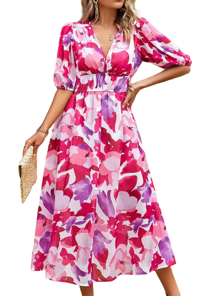 Robe Midi Femme Imprimée avec Manches Bouffantes