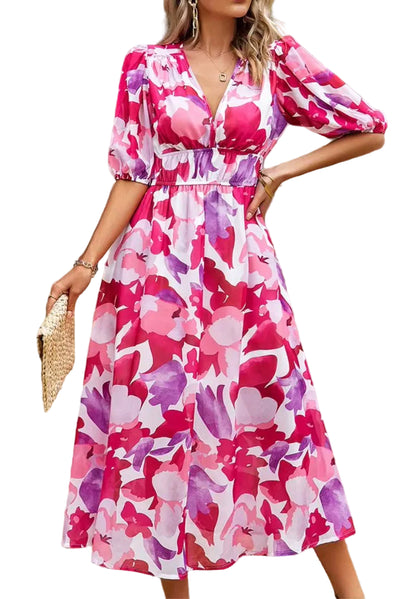 Robe Midi Femme Imprimée avec Manches Bouffantes