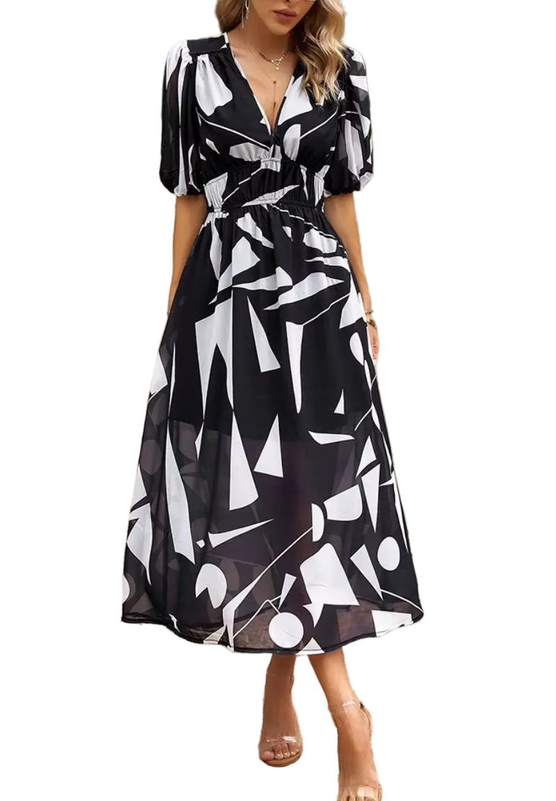 Robe Midi Femme Imprimée avec Manches Bouffantes