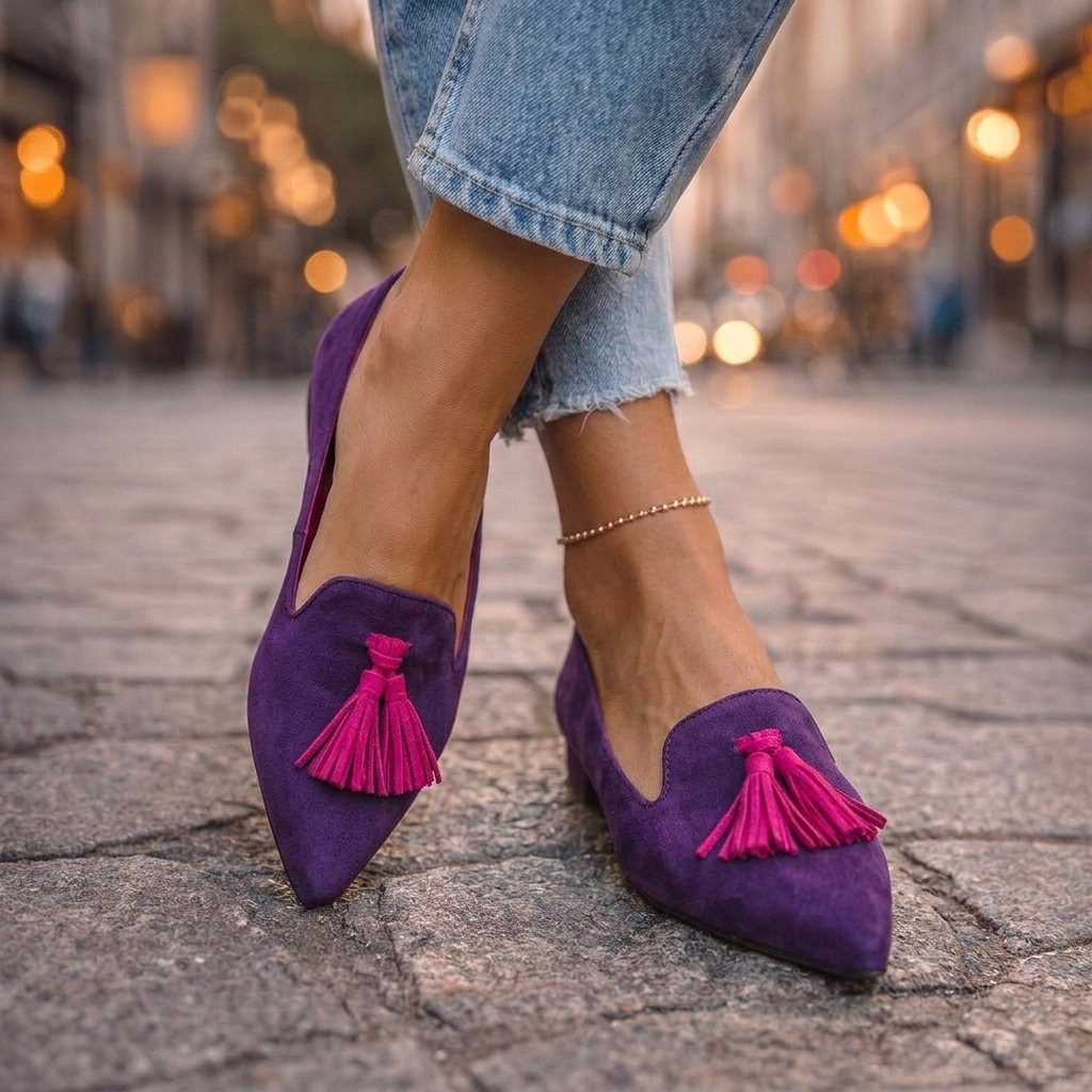 Mocassins à bout pointu en suédine pour femme avec pompons 4