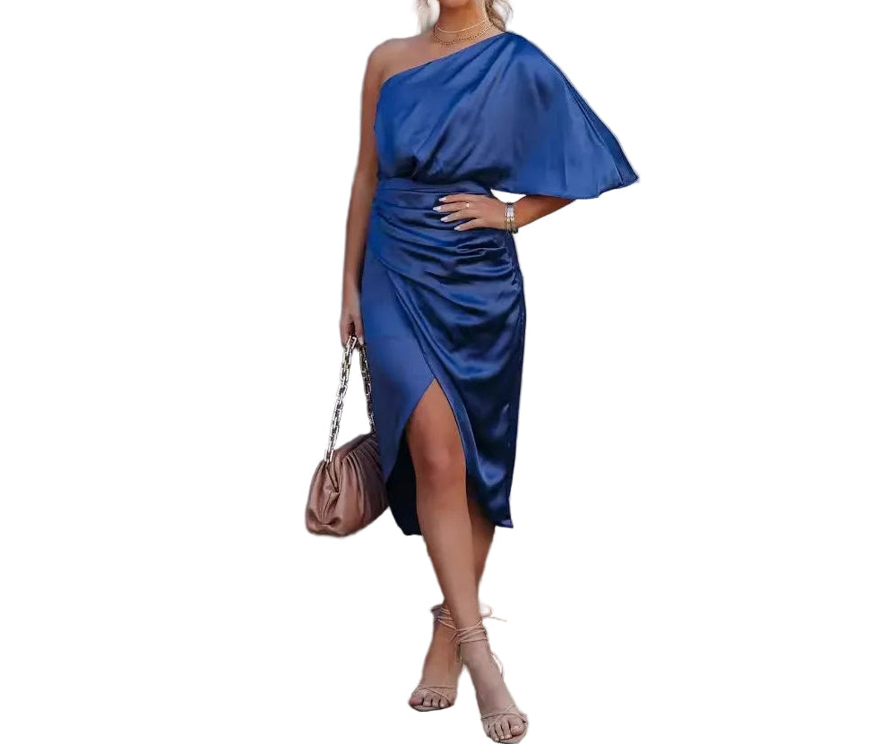 Robe midi à une épaule avec drapé et fente latérale pour femme