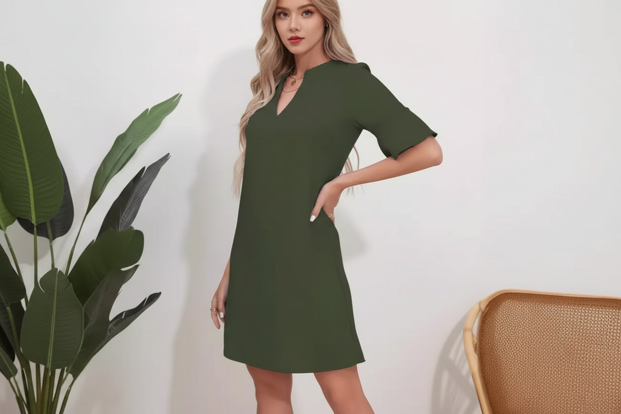 Robe à Manches Courtes pour Femme avec Encolure en V et Manches Évasées