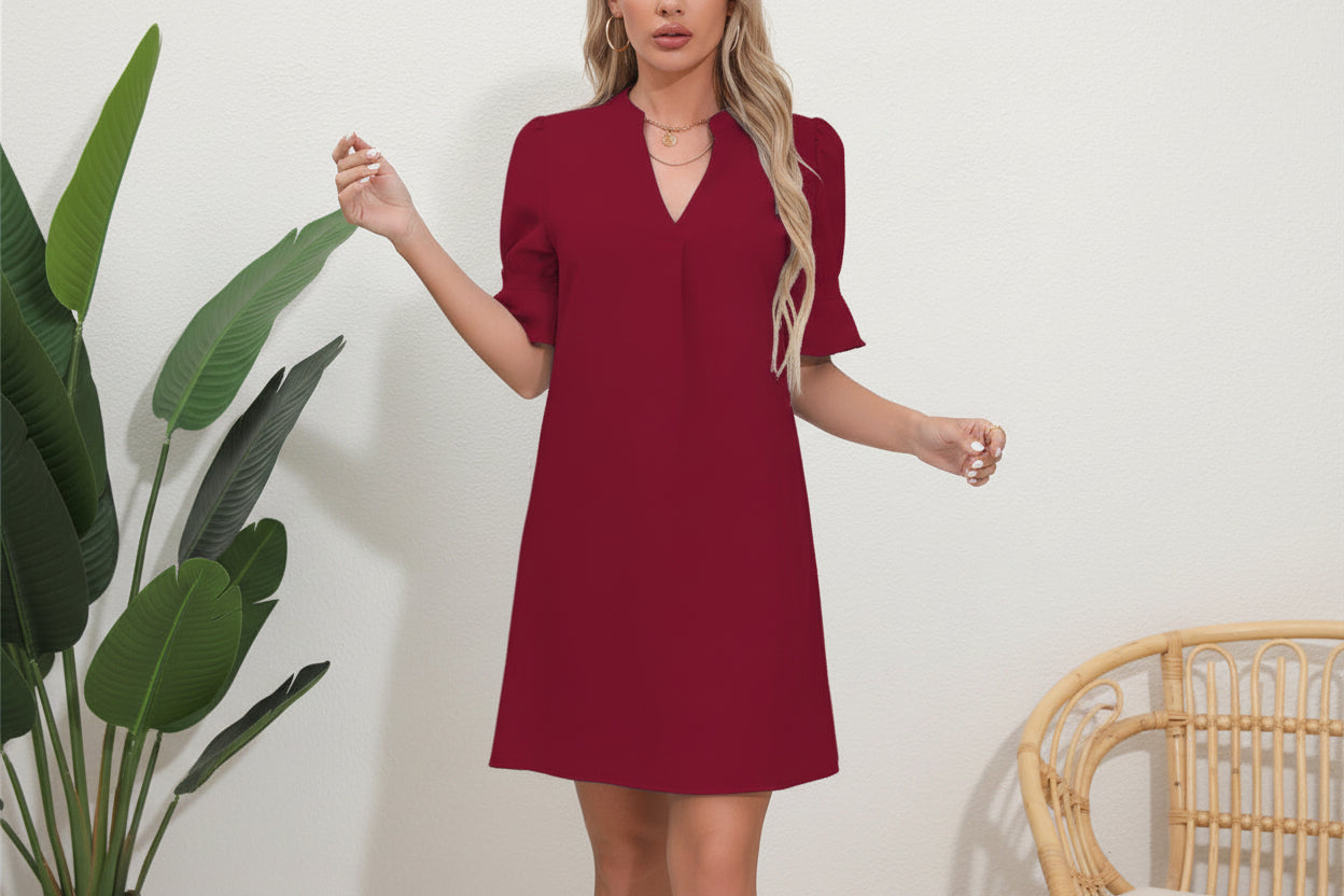 Robe à Manches Courtes pour Femme avec Encolure en V et Manches Évasées