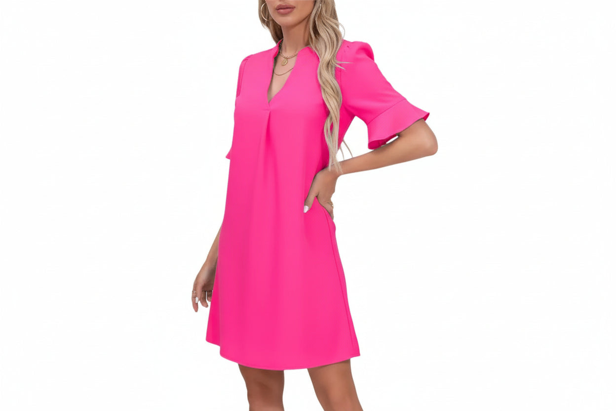 Robe à Manches Courtes pour Femme avec Encolure en V et Manches Évasées