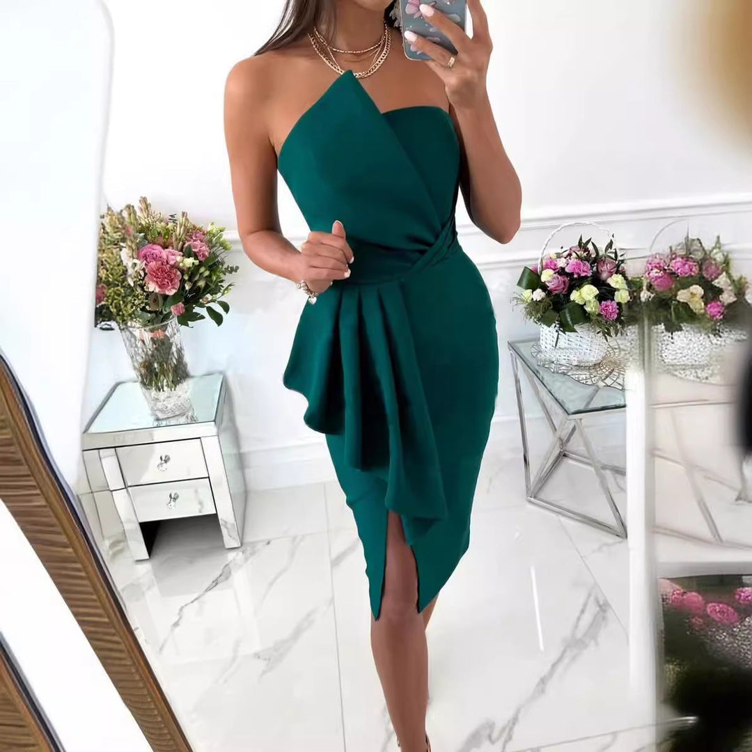 Robe midi sans bretelles avec drapé et fente à l’avant pour femme