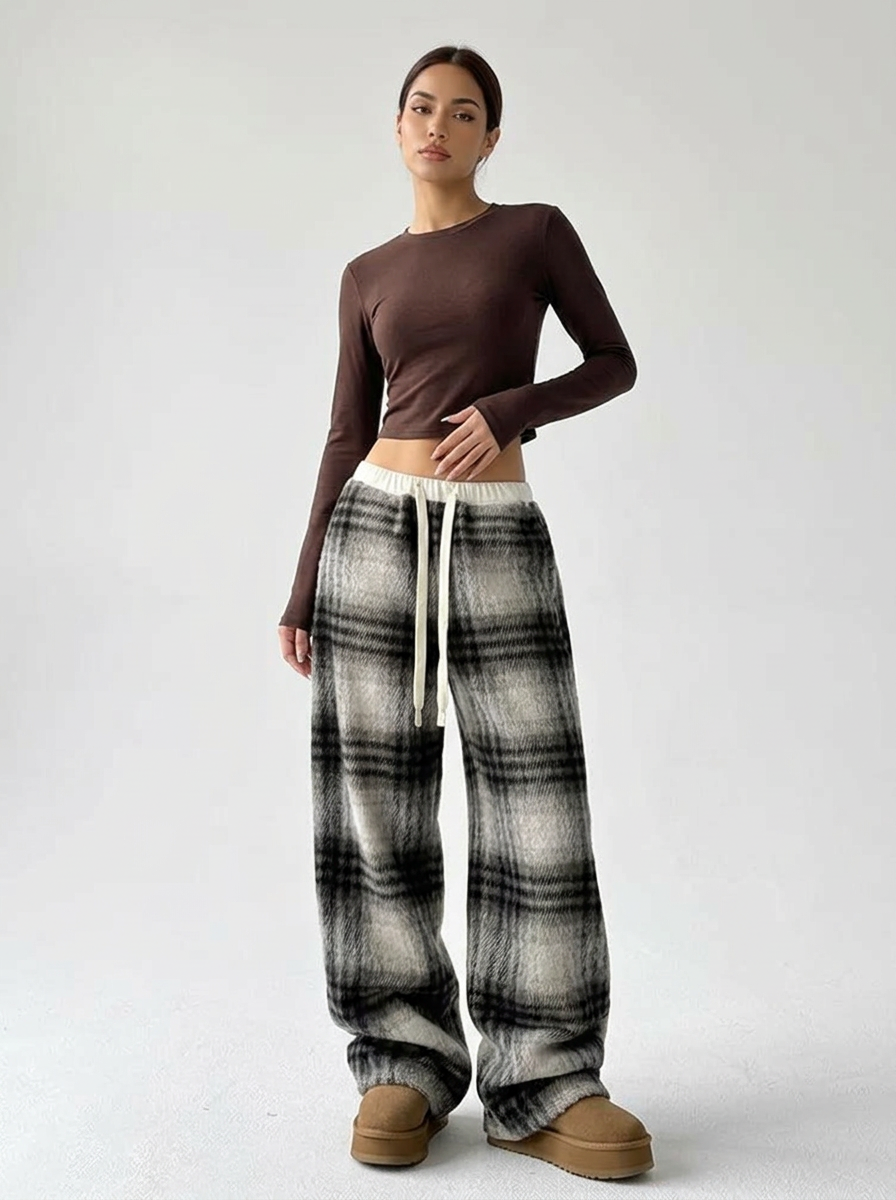 Pantalon de détente large à carreaux pour femme 2