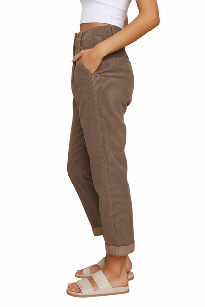 Pantalon en Velours Côtelé Taille Haute pour Femme