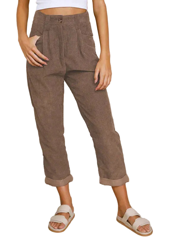 Pantalon en Velours Côtelé Taille Haute pour Femme