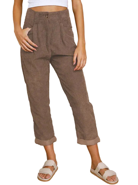 Pantalon en Velours Côtelé Taille Haute pour Femme