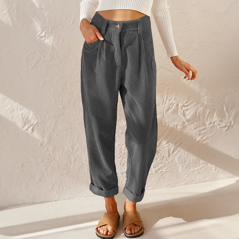 Pantalon fuselé taille haute en velours côtelé pour femme 2