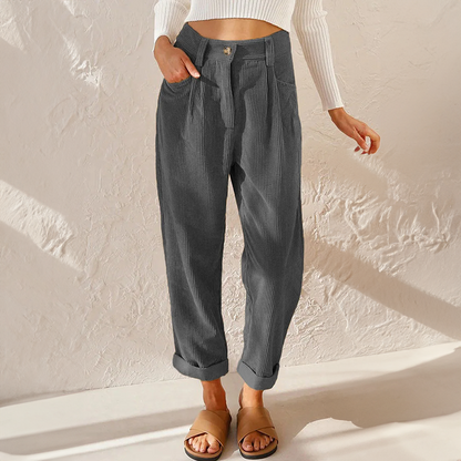 Pantalon fuselé taille haute en velours côtelé pour femme 2