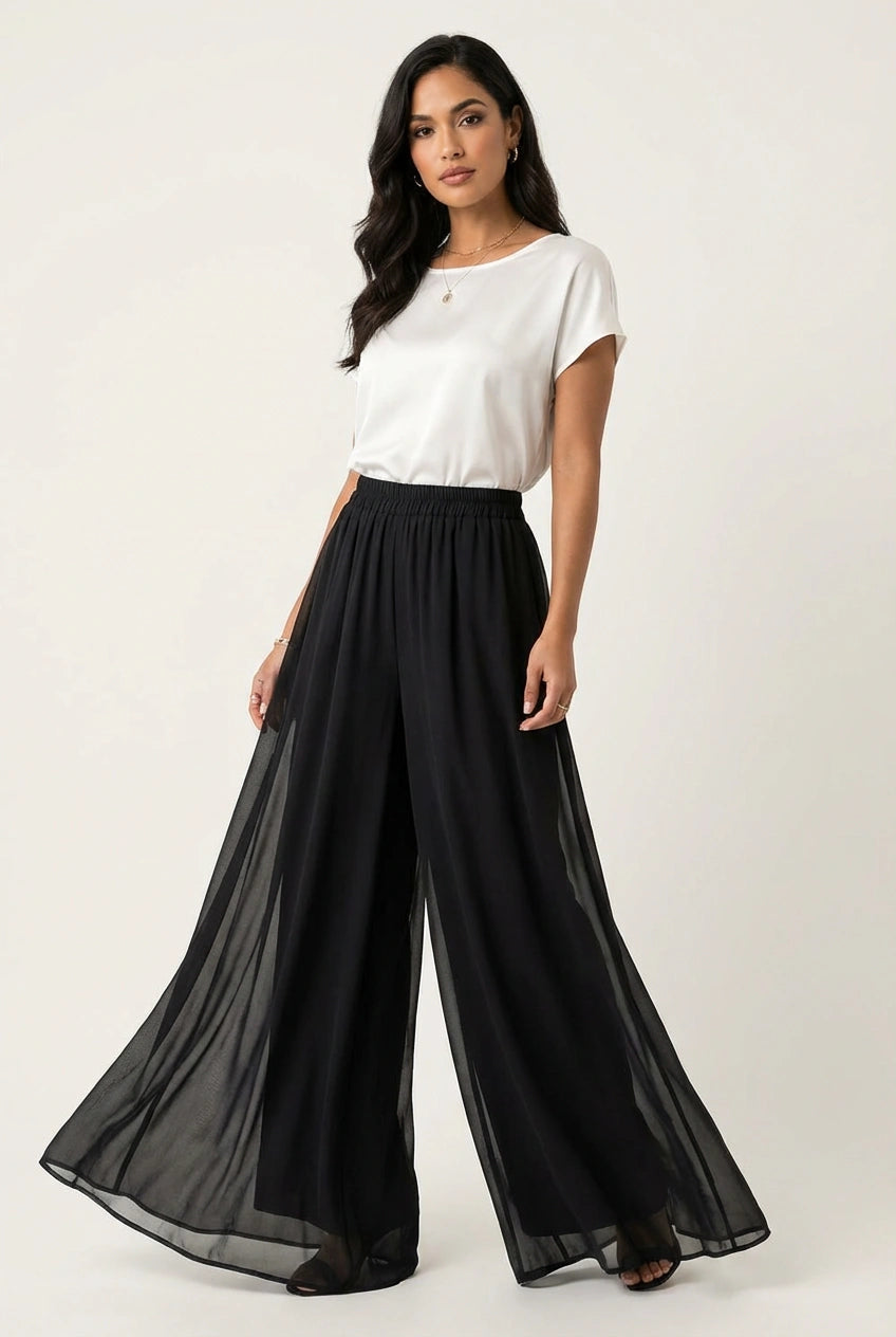Pantalon large avec superposition en mousseline pour femme 2