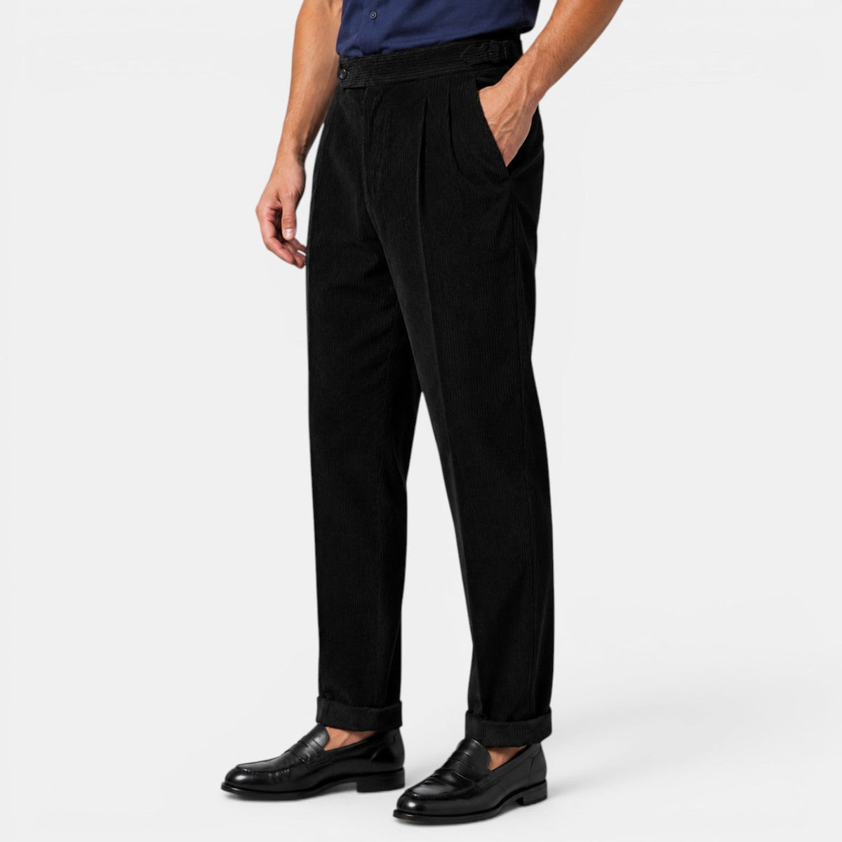 Pantalon plissé en velours côtelé pour homme avec ourlets à revers 7