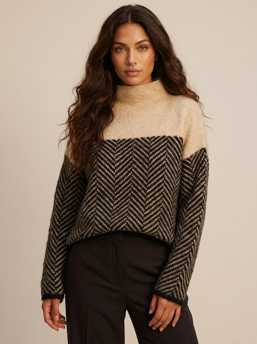 Pull en maille à motif chevron et col montant pour femme 3