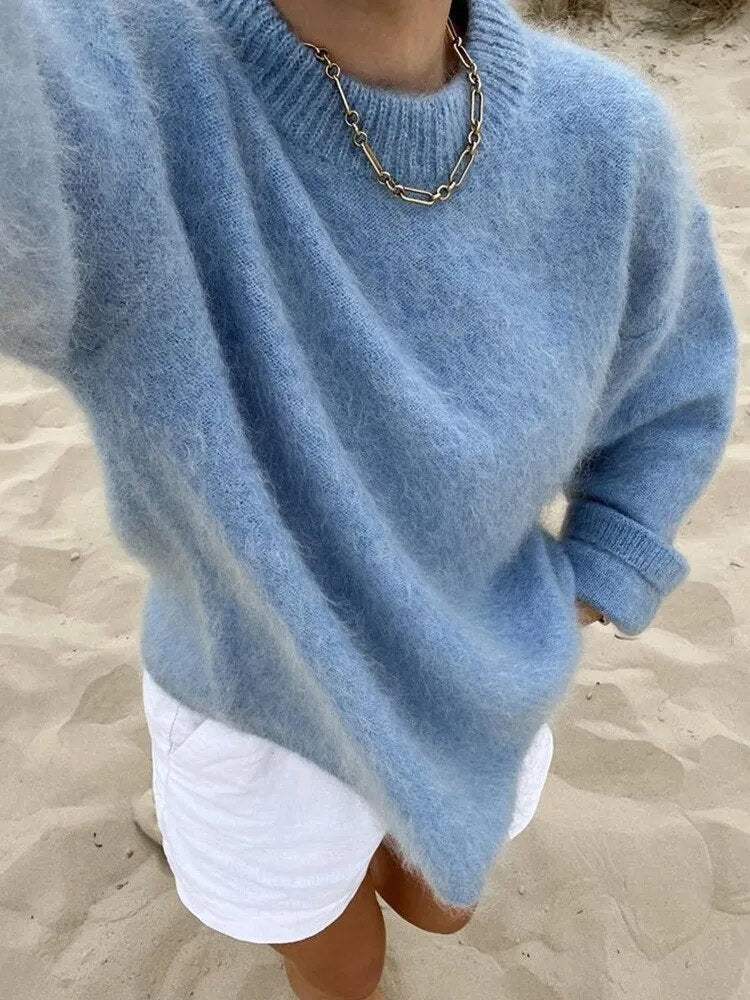 Pull en maille pour femme avec col rond et épaules tombantes 7