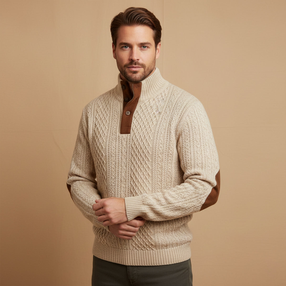 Pull en maille torsadée à quart de boutons pour homme 6