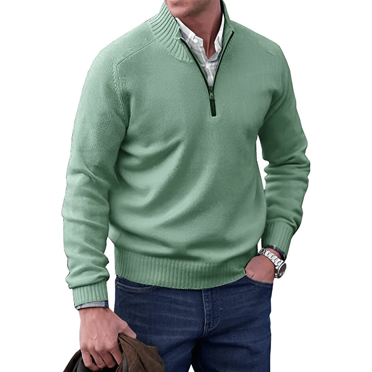 Pull-over en maille à fermeture éclair pour homme avec bordures côtelées 4