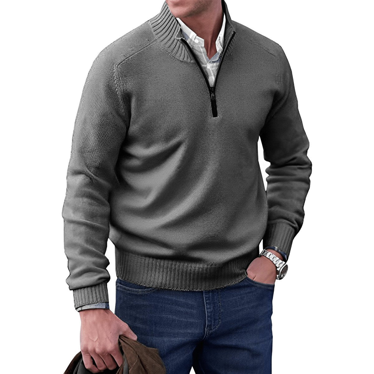 Pull-over en maille à fermeture éclair pour homme avec bordures côtelées 7