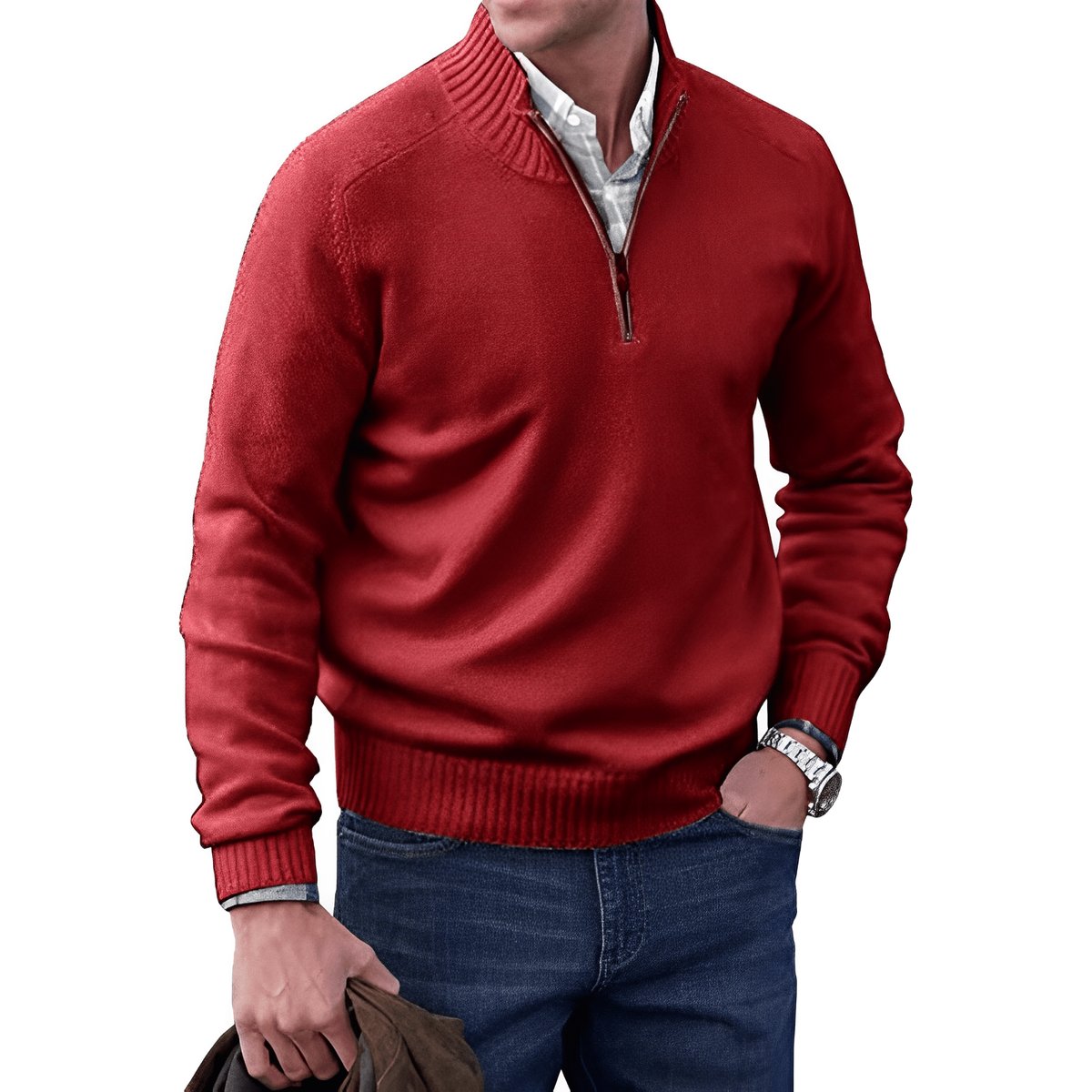 Pull-over en maille à fermeture éclair pour homme avec bordures côtelées 9