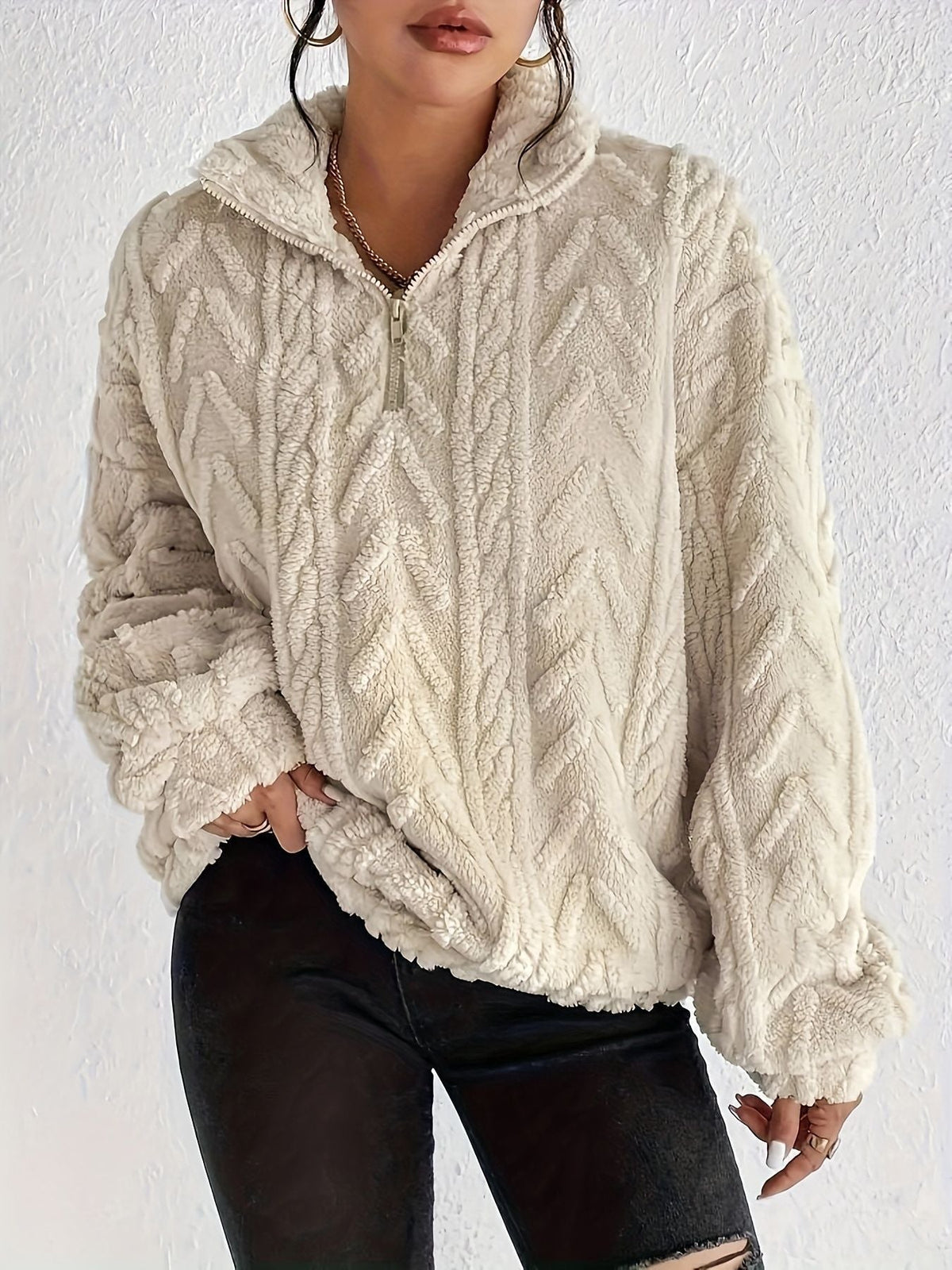 Pull-over zippé en polaire texturée pour femme 4