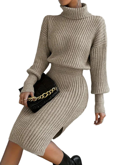Robe Femme Midi en Maille Côtelée avec Col Montant et Manches Longues