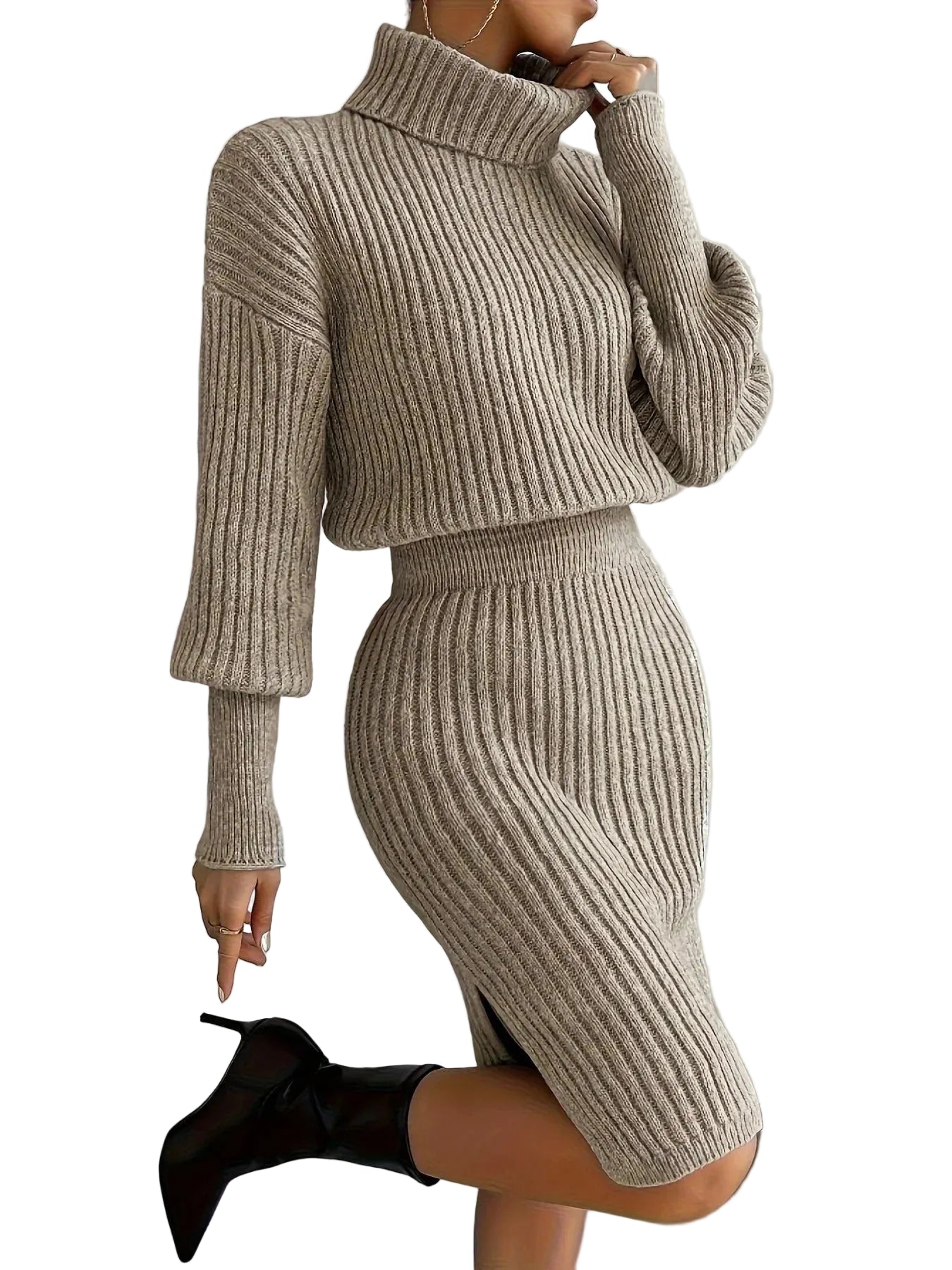 Robe Femme Midi en Maille Côtelée avec Col Montant et Manches Longues