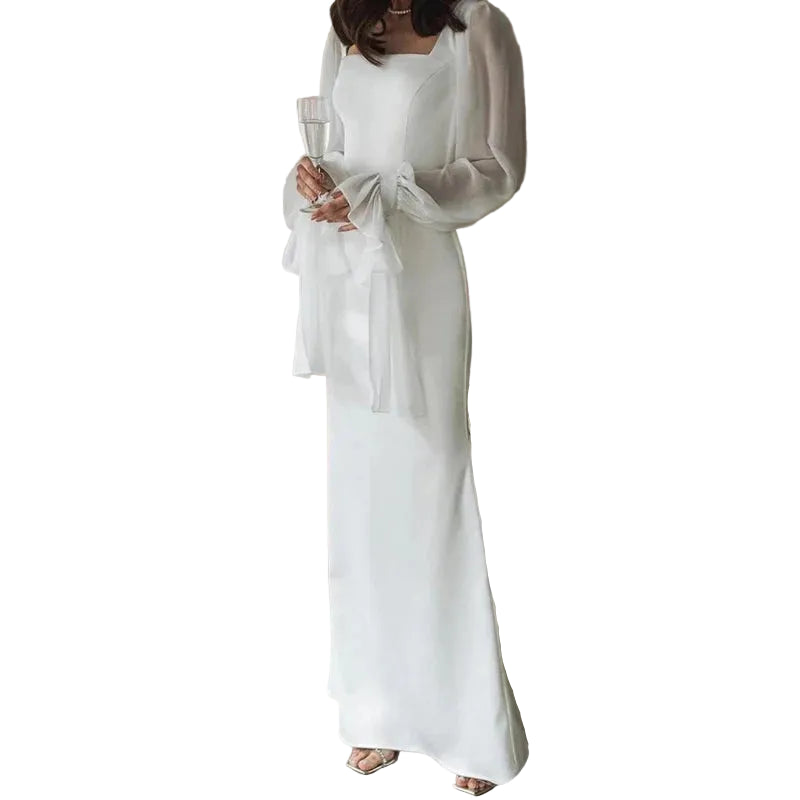 Robe Longue Femme à Encolure Carrée et Manches Transparentes
