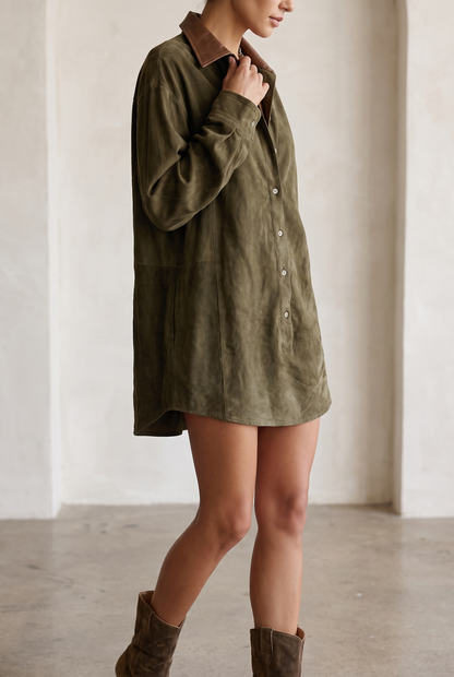 Robe chemise courte en suédine pour femme avec col contrastant 2