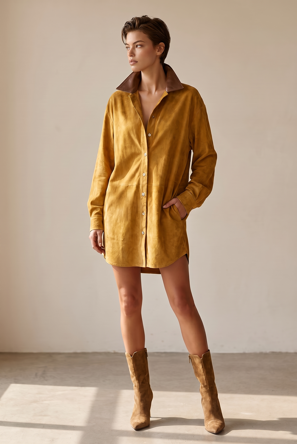 Robe chemise courte en suédine pour femme avec col contrastant 4