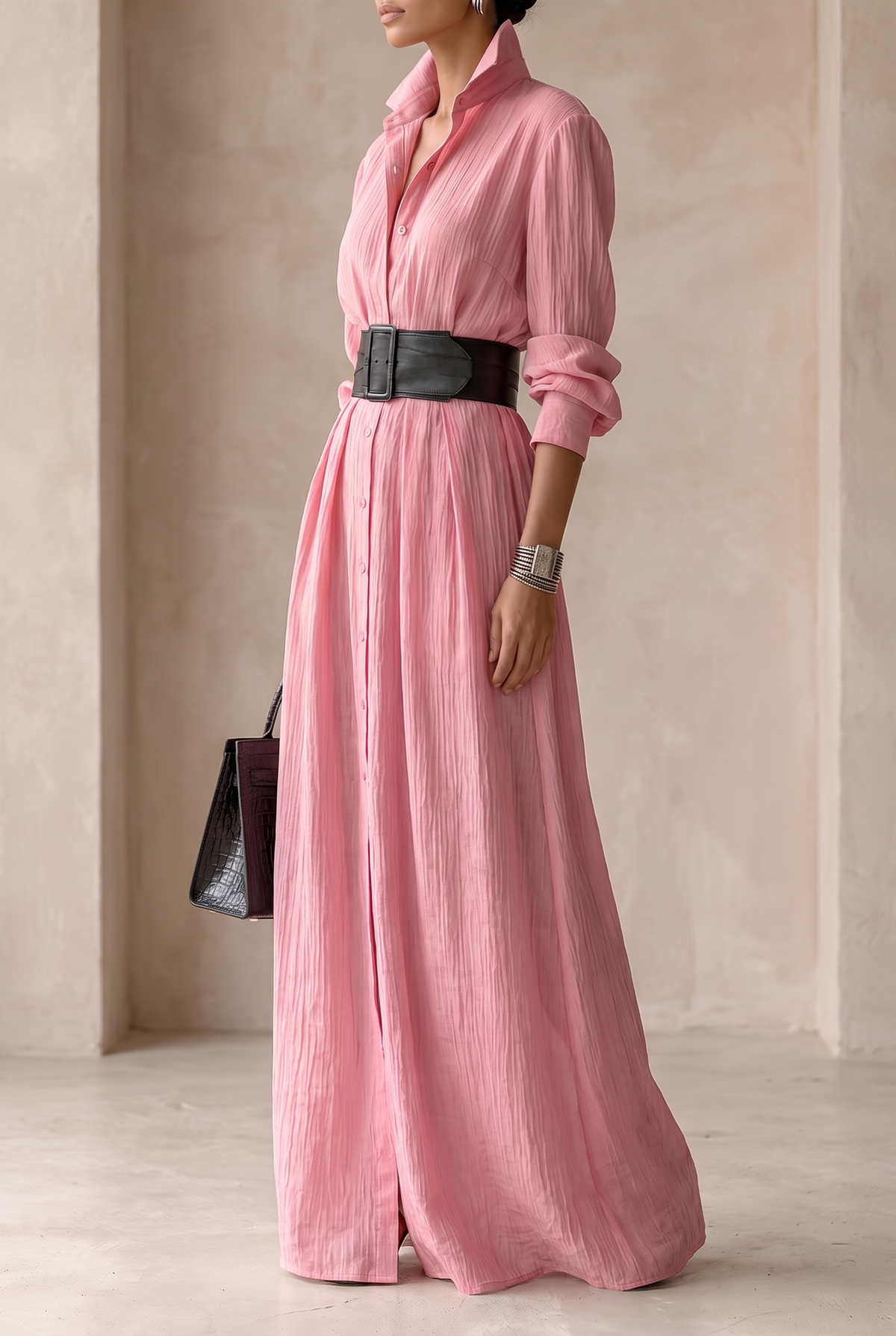 Robe chemise longue pour femme avec ceinture 2