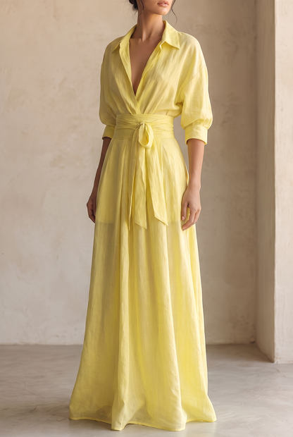 Robe chemise longue pour femme avec ceinture à nouer et manches mi-longues 2