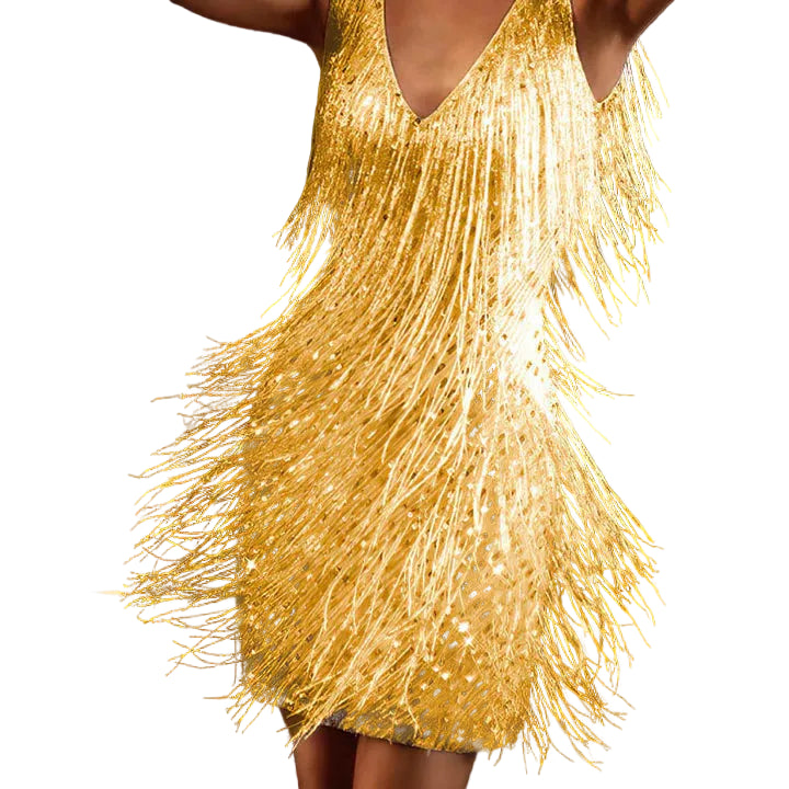 Robe courte à franges pour femme avec col en V-Mini Dress-Gigié