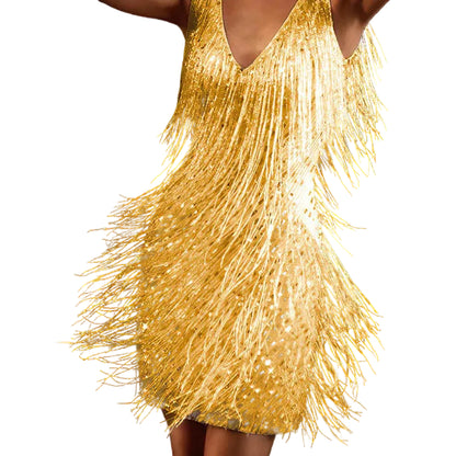 Robe courte à franges pour femme avec col en V-Mini Dress-Gigié