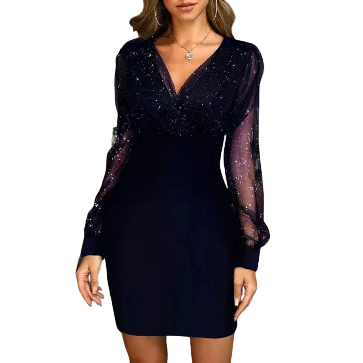 Robe courte pour femme à col en V, manches longues transparentes et subtilement scintillante