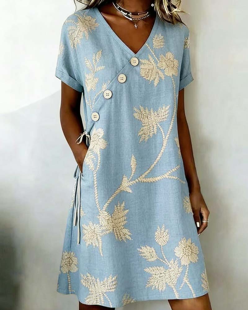 Robe courte trapèze à imprimé floral pour femme avec boutons en diagonale 2