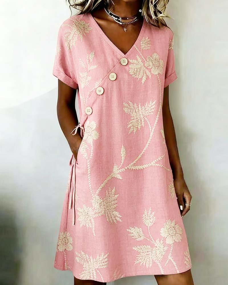 Robe courte trapèze à imprimé floral pour femme avec boutons en diagonale 3