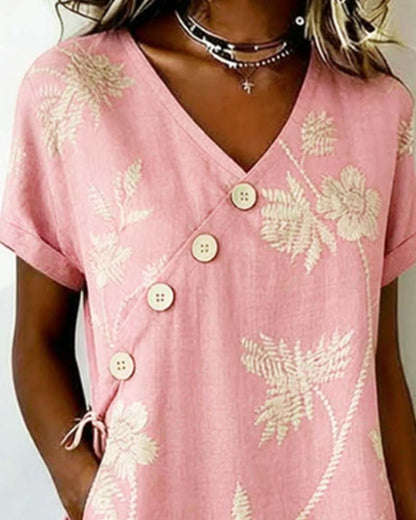 Robe courte trapèze à imprimé floral pour femme avec boutons en diagonale 4