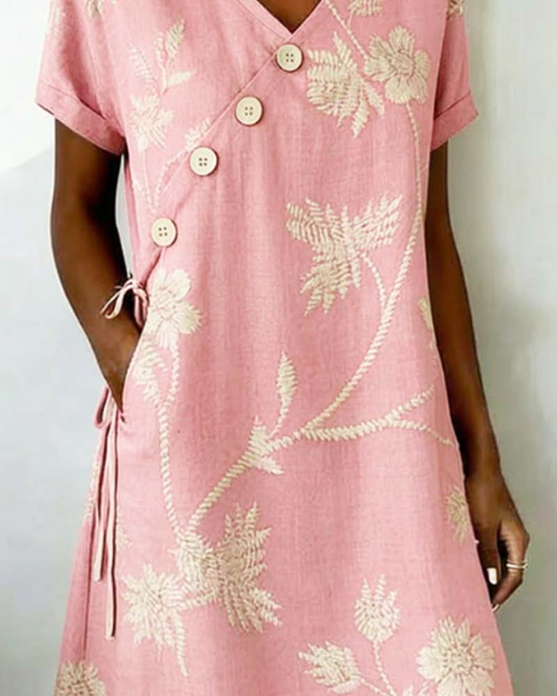 Robe courte trapèze à imprimé floral pour femme avec boutons en diagonale 5
