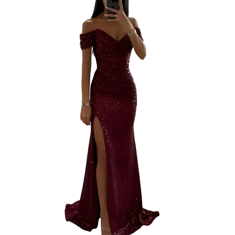 Robe de soirée pour femme avec décolleté épaules dénudées et ornements de sequins-Maxi Dress-Gigié