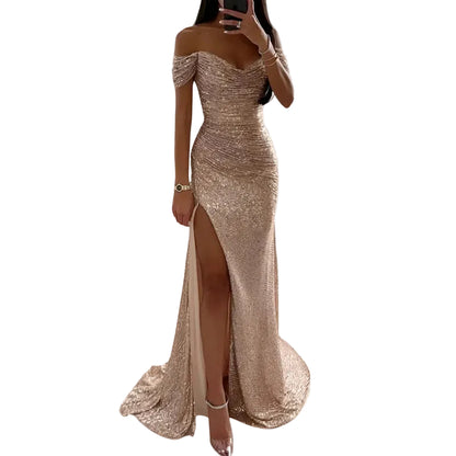 Robe de soirée pour femme avec décolleté épaules dénudées et ornements de sequins-Maxi Dress-Gigié