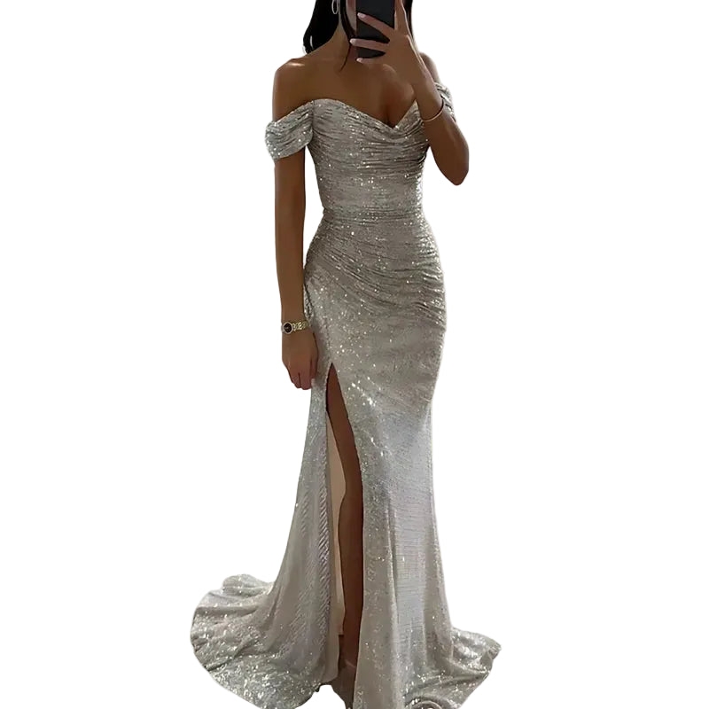 Robe de soirée pour femme avec décolleté épaules dénudées et ornements de sequins-Maxi Dress-Gigié
