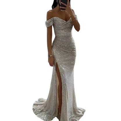 Robe de soirée pour femme avec décolleté épaules dénudées et ornements de sequins-Maxi Dress-Gigié