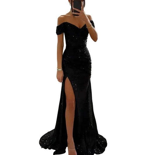 Robe de soirée pour femme avec décolleté épaules dénudées et ornements de sequins